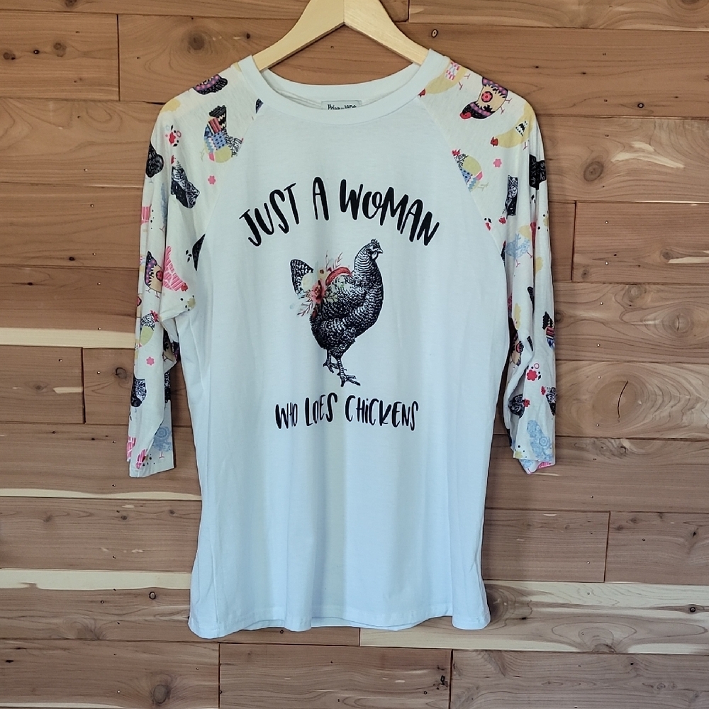 Prissy Jane 3/4 Sleeve Top, Size L, White, Chickens, Multicolor, Soft